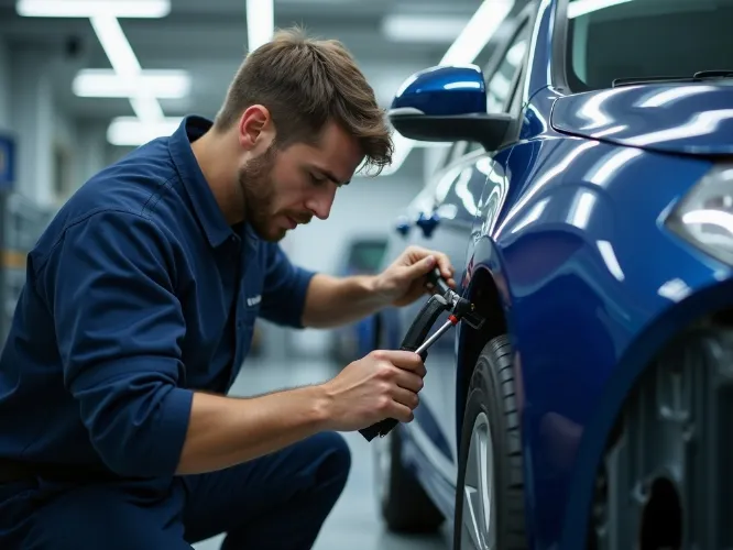 Expert technician meticulously repairing a car body with advanced tools at Autoline Body Repair Specialists